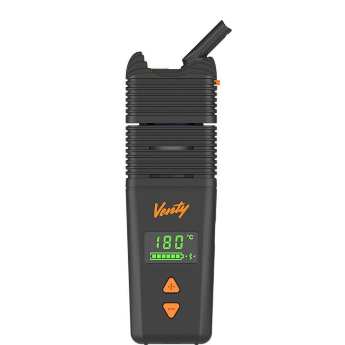 Storz and Bickel Venty Vaporizer Vorderseite mit leuchtendem Display und orangefarbenen Akzenten