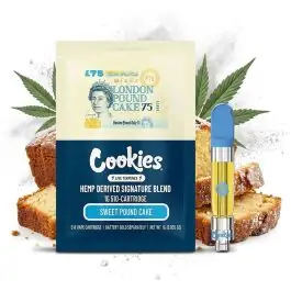 Cookies Infused Cartridge London Pound Cake 1ml im Vordergrund auf dunklem Hintergrund