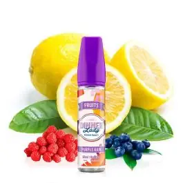 Dinner Lady Purple Rain Shortfill E-Liquid Flasche vor einem neutralen Hintergrund mit Beeren und Zitronen