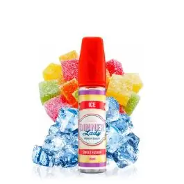 Dinner Lady Ice Sweet Fusion Shortfill Flasche mit bunter Verpackung vor hellem Hintergrund