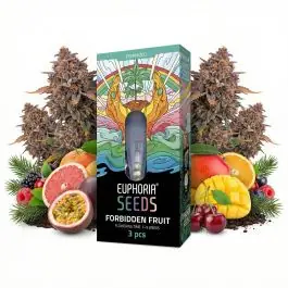 Euphoria Forbidden Fruit feminisierte Cannabissamen Verpackung mit Verpackungsdesign und Produktnamen