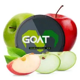 GOAT Nicotine Pouches Double Apple Strong Dose mit abgebildeten roten und grünen Äpfeln
