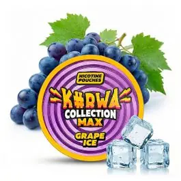 Dose Kurwa Collection Max Grape Ice Nicotine Pouches mit Traubendesign auf schwarzem Hintergrund
