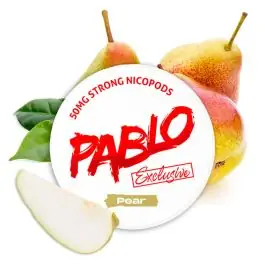 Pablo Nicotine Pouches Exclusive Pear Dose mit Fruchtdesign auf weißem Hintergrund