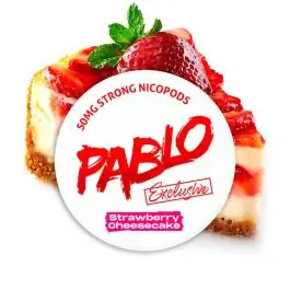Dose mit Pablo Exclusive Strawberry Cheesecake Nicotine Pouches mit Erdbeeren-Motiv