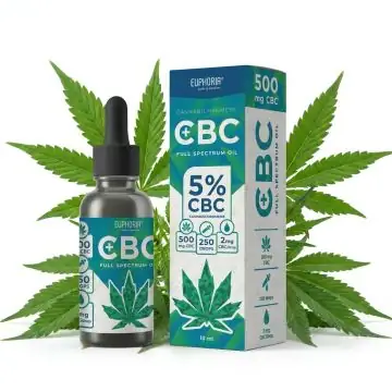 Euphoria CBC Oil 5% in brauner Glasflasche mit Pipette und naturbelassener Verpackung