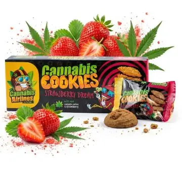 Cannabis Airlines Cannabis Kekse Erdbeer-Traum Packung mit Hanfblatt-Design und Erdbeer-Abbildung