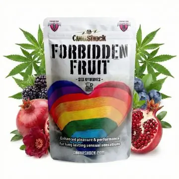 CANNAShock Forbidden Fruit Sex Gummies Verpackung mit fruchtigem Design für Genussmomente ab 18 Jahren