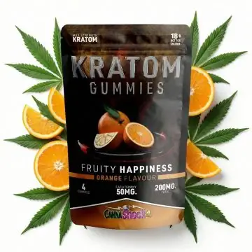 CANNAShock Kratom Gummies Orange Verpackung mit fruchtigen Weichgummis