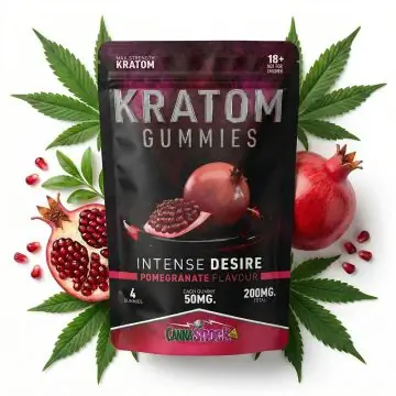 CANNAShock Kratom Gummies Pomegranate Verpackung mit roten Fruchtgummis