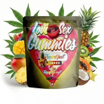CANNAShock Love Sex Gummies Tropical Fruit Libido Boost Verpackung mit fruchtigem Design