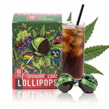 Euphoria Cannabis Lutscher Cola mit Hanfblatt-Symbol auf der Verpackung