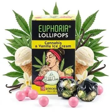 Euphoria Cannabis Lutscher Vanille einzeln verpackt mit Hanfblatt-Design