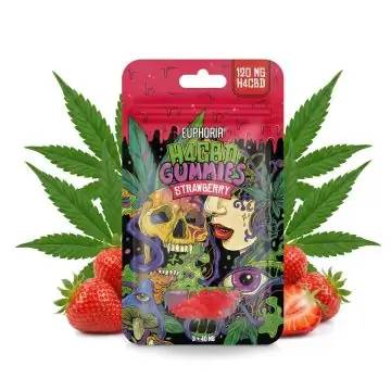 Euphoria H4CBD Gummies Pack Strawberry Verpackung mit H4CBD-Logo vor weißem Hintergrund