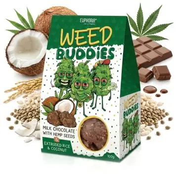 Euphoria Weed Buddies Milch Vollmilchschokolade mit Hanfsamen in der Verpackung