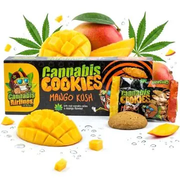 Cannabis Airlines Cannabis Kekse Mango Kush Packung mit Mürbeteigkeks und Hanfblatt-Dekor