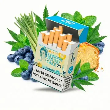 Packung der Cookies CBD Zigaretten London Pound Cake 75 im ikonischen blauen Design