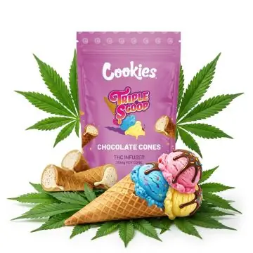 Cookies THC Edible Cones Waffelkegel mit cremiger Füllung im Vordergrund