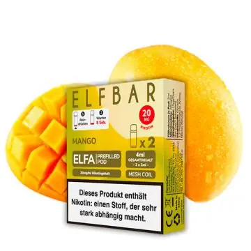 Zwei Elf Bar ELFA Prefilled Pods Mango mit tropischem Fruchtdesign vor hellem Hintergrund.