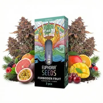Euphoria Forbidden Fruit feminisierte Cannabissamen Verpackung mit Verpackungsdesign und Produktnamen
