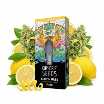 Euphoria Lemon Haze Autoflower-Hanfsamen Verpackung mit Hanfblatt Design