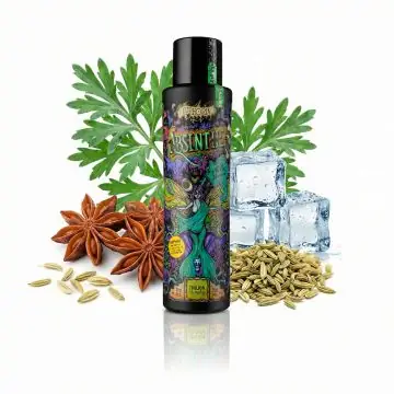 Flasche Euphoria Absinthe mit stilvollem Etikett vor neutralem Hintergrund