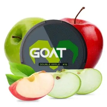 GOAT Nicotine Pouches Double Apple Strong Dose mit abgebildeten roten und grünen Äpfeln