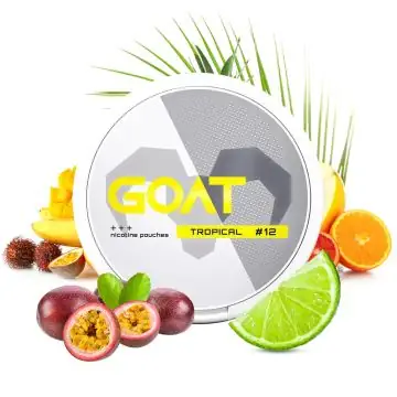GOAT Nicotine Pouches Tropical Medium Dose mit tropischem Fruchtdesign auf hellem Hintergrund