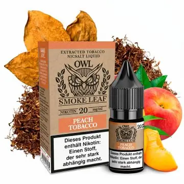 OWL Smoke Leaf Peach Tobacco Nikotinsalz Liquid Flasche 10ml mit Pfirsich- und Tabak-Motiv