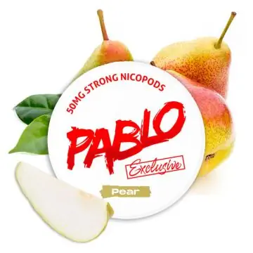 Pablo Nicotine Pouches Exclusive Pear Dose mit Fruchtdesign auf weißem Hintergrund