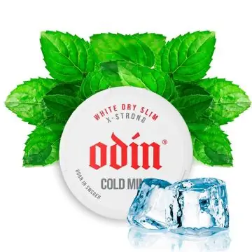 Odin Nicotine Pouches Cold Mint X-Strong Dose mit tabakfreien Portionen auf weißem Hintergrund
