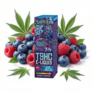 Euphoria T9HC E-Liquid Blue Razz OG Flasche mit Blaubeer- und Hanf-Aromen-Design auf hellem Hintergrund