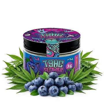 Euphoria T9HC Flowers Blueberry Diesel 3g Verpackung und Blüten