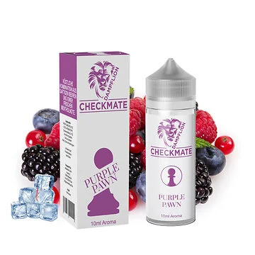 Dampflion Purple Pawn Aroma 10ml Flasche mit Blaubeer- und Granatapfel-Design vor neutralem Hintergrund