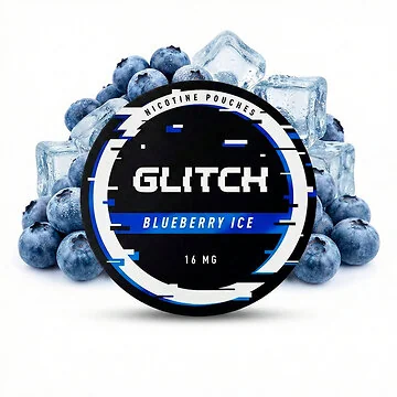 Glitch Blueberry Ice Nikotinbeutel in geschlossener Dose auf neutralem Hintergrund.