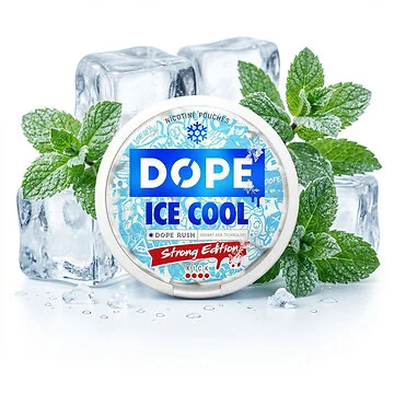 Dope Ice Cool Strong Nicotine Pouches in der runden Dose mit eisig-blauem Design für tabakfreien Nikotingenuss