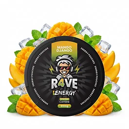 R4VE ENERGY Mango Jango Energy Pouches Dose mit Mango-Grafik und Slim-Format-Angabe