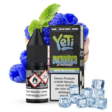 Yeti Sour Blue Razz Overdosed Nikotinsalz E-Liquid Flasche vor neutralem Hintergrund