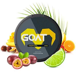 GOAT Nicotine Pouches Tropical Strong Dose mit tropischem Fruchtdesign im Slim-Format