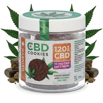 Euphoria CBD Cookies Haschisch Packung mit grünem Hanfblatt und knusprigen Hanfkeksen