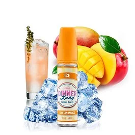 Dinner Lady Ice Sun Tan Mango Shortfill E-Liquid Flasche mit tropischem Mango-Design vor neutralem Hintergrund