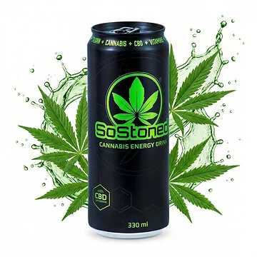 Dose Euphoria SoStoned Cannabis Energy Drink mit CBD und auffälligem Hanfblatt-Design