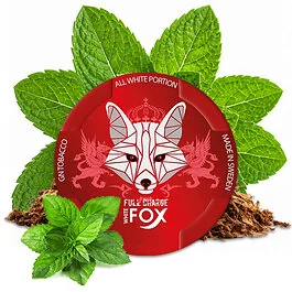 Eine Dose White Fox Full Charge Nicotine Pouches im winterlich blauen Design mit dem bekannten Fuchs-Logo