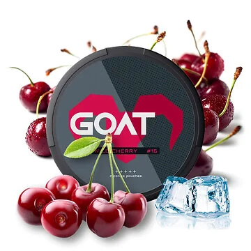 GOAT Nicotine Pouches Wild Cherry Strong Dose mit Kirsch-Design und weissen Portionenbeuteln