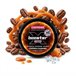 Dose mit X Booster Coffee & Caramel nikotinfreien Pouches, Kaffeebohnen und Karamell im Hintergrund