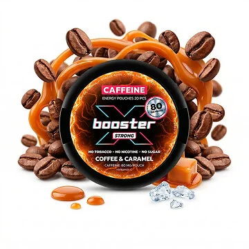 Dose mit X Booster Coffee & Caramel nikotinfreien Pouches, Kaffeebohnen und Karamell im Hintergrund