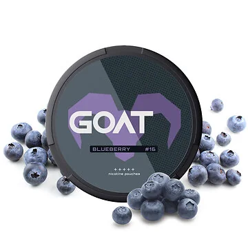 GOAT Nicotine Pouches Blueberry Strong Dose mit geöffnetem Deckel auf hellem Hintergrund