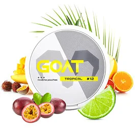 GOAT Nicotine Pouches Tropical Medium Dose mit tropischem Fruchtdesign auf hellem Hintergrund