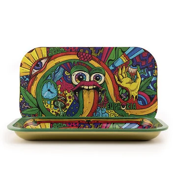 Euphoria Rolling Tray Set Vibrant mit magnetischem Deckel auf weißem Hintergrund
