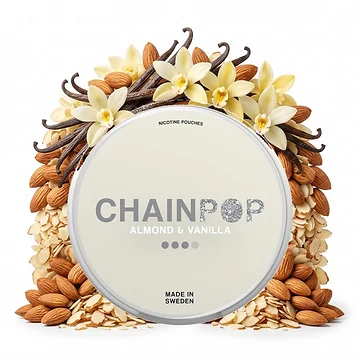 Chainpop Almond & Vanilla Nicotine Pouches Dose mit Slim-Portionsbeuteln im geöffneten Detail